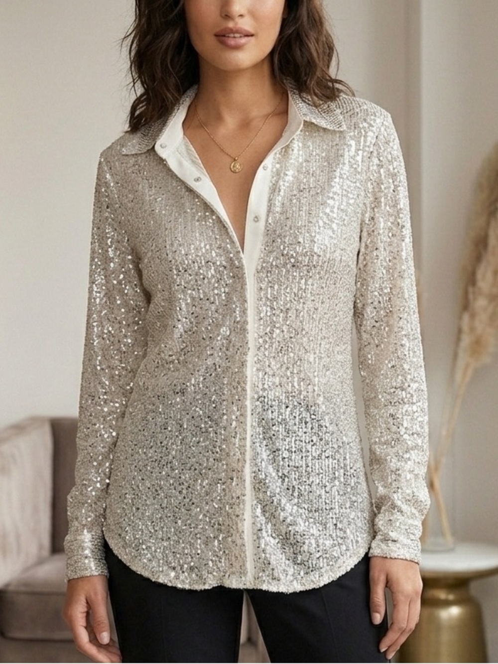 CeCe Champagne Silver Sequin Top Button Down Shirt Long Sleeve Sparkly Party L - Picture 8 of 15